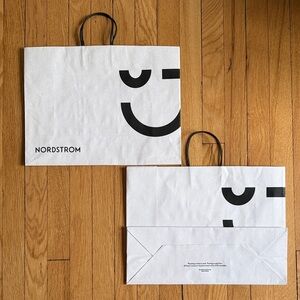 2 Nordstrom White Shopping Bags with Black Logo & Handles - Pair 12”x16” medium